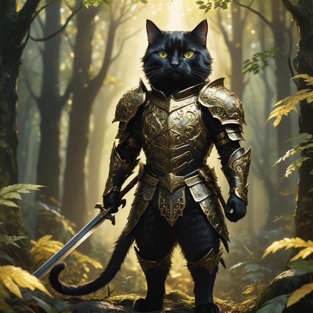 Black Cat Knight in Mystical Forest