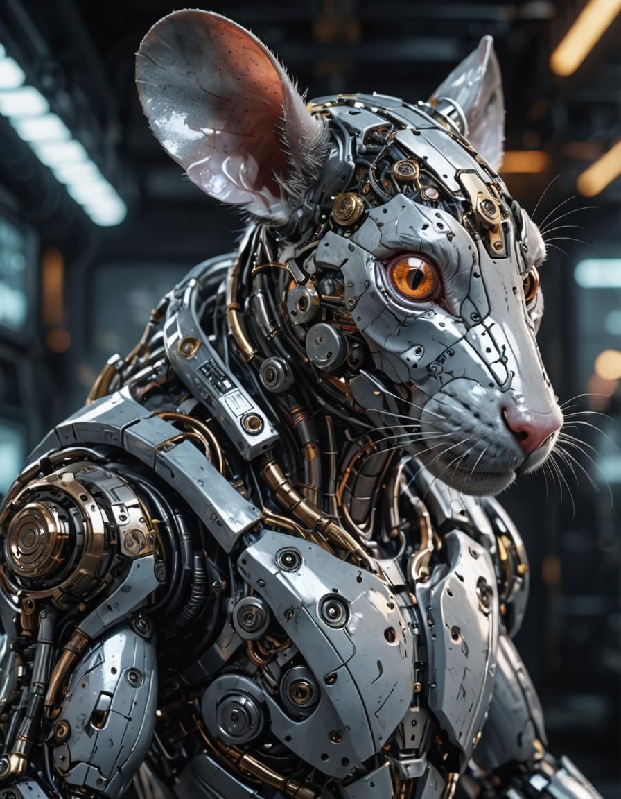 Cyberpunk Cyborg Rat with Metallic Skin and Suit