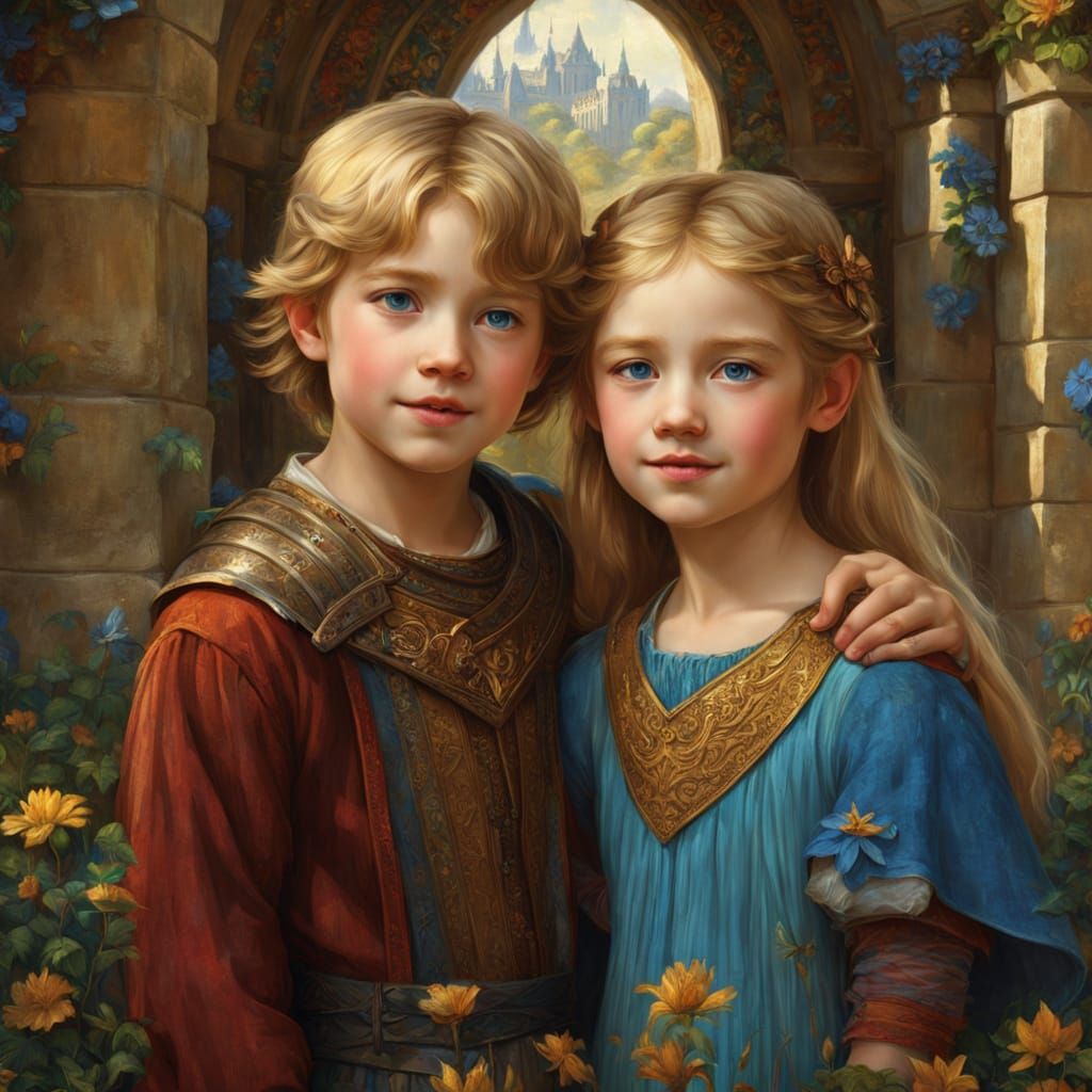 Medieval Children in Garden, Pre-Raphaelite Style