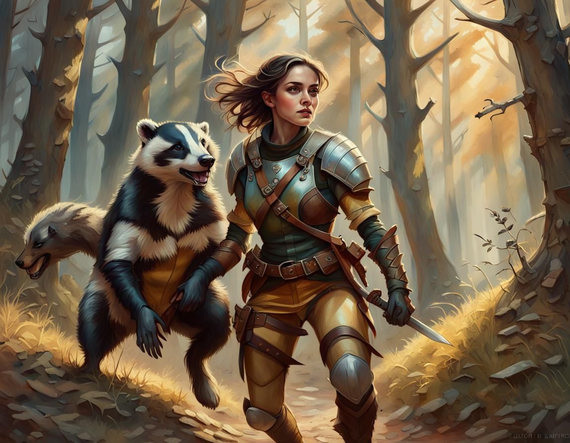 Halfling Ranger and Badger Charging: Impressionist Oil Paint...
