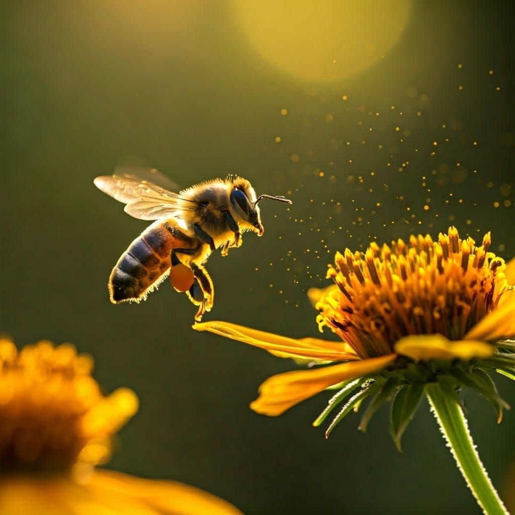 Vibrant Bee in Flight Approaches Blooming Flower
