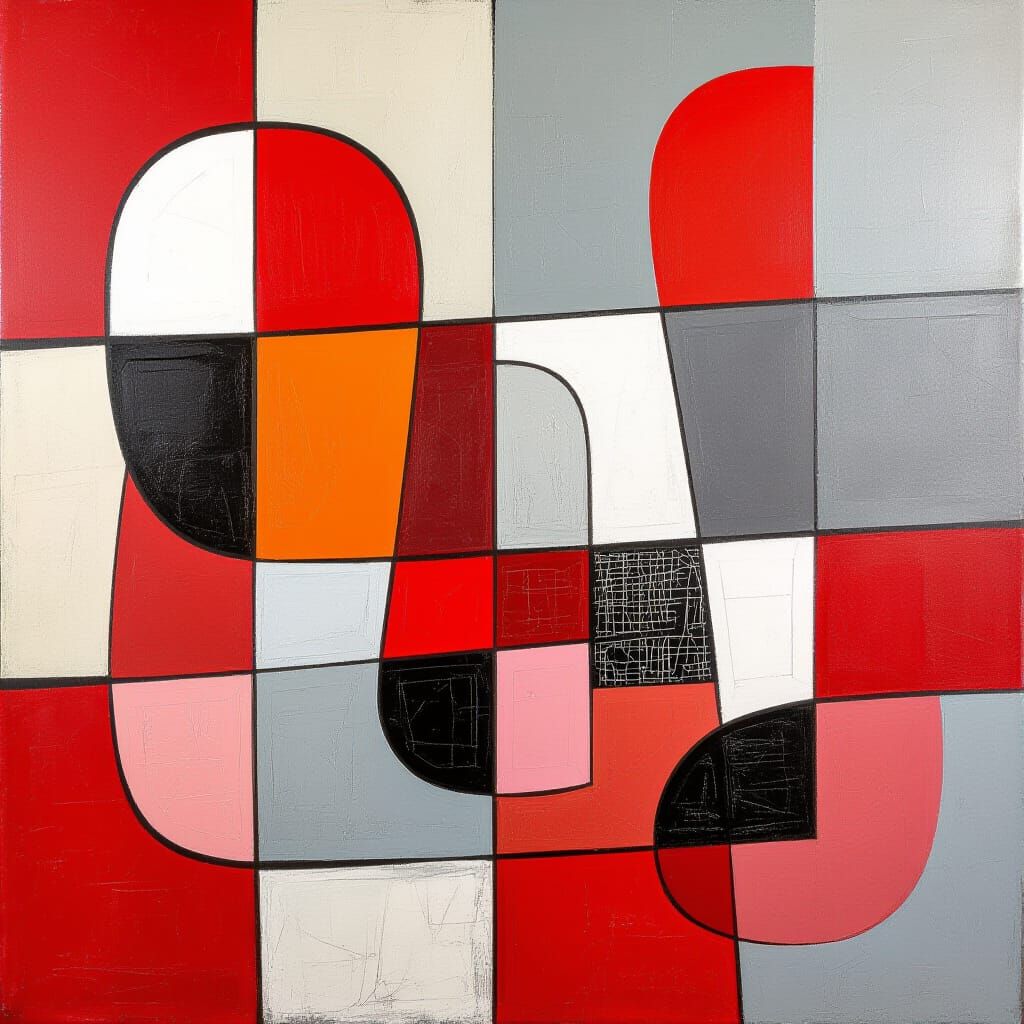 Abstract Red, White, Grey Painting with Organic Shapes