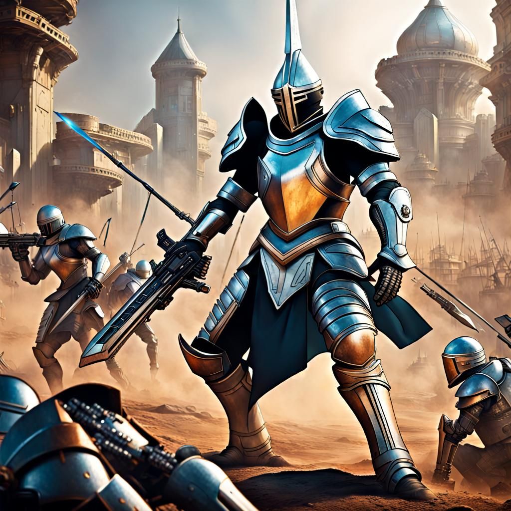 an epic battle of advanced technology and ancient chivalry, a sci-fi futuristic battleground where soldiers equipped wit...