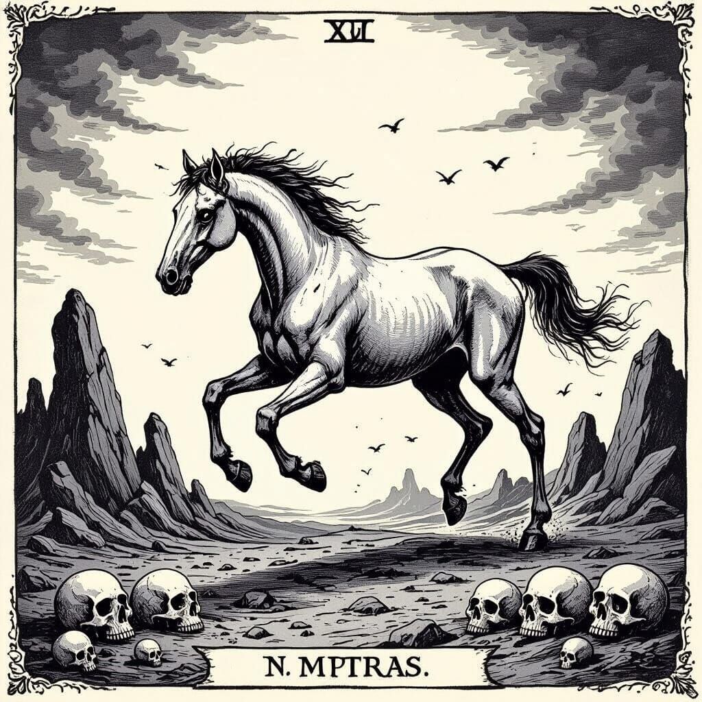 Sinister Headless Horse Tarot Card in Black and White