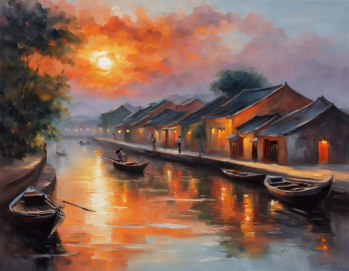 Golden Hour on the Thu Bồn River, in Post-Impressionist Oil