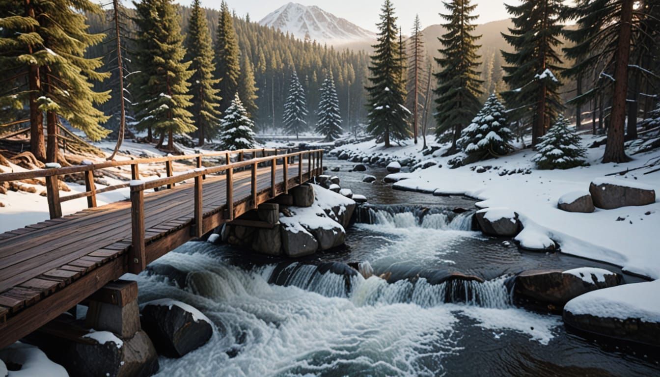 Snowy Mountain Bridge in Photorealistic Style