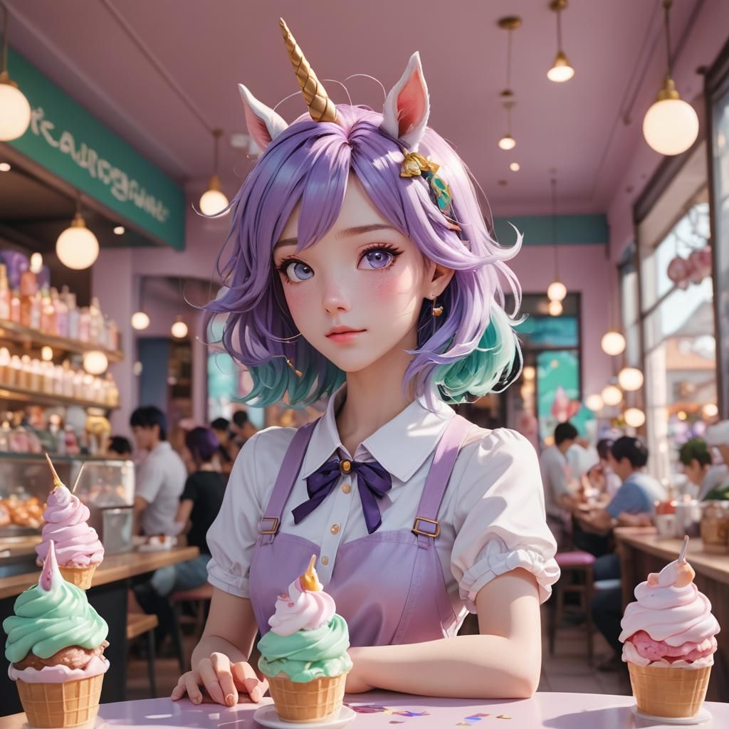 Anime Girl in Unicorn Ice Cream Parlor