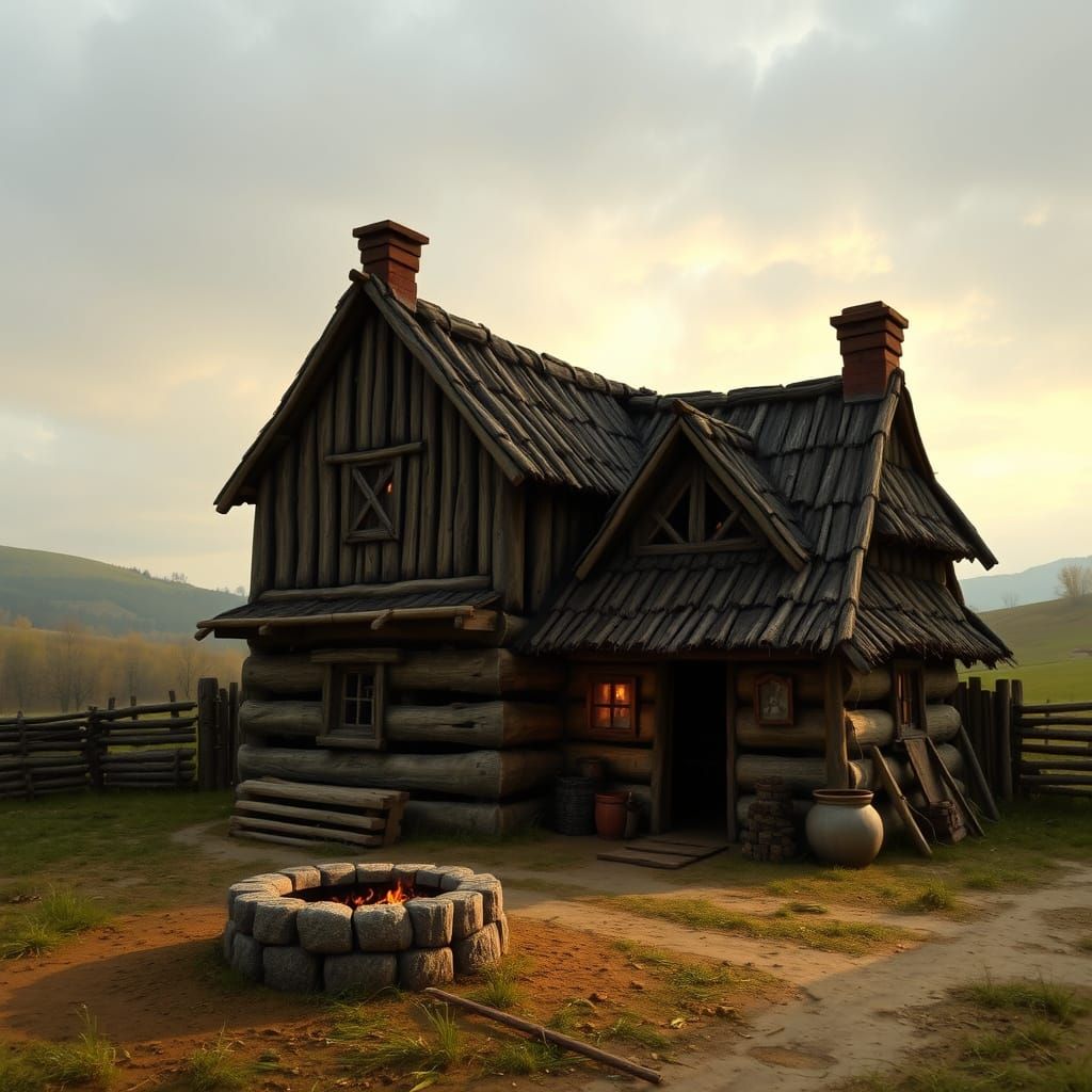 Medieval Village Scene in Rustic Style