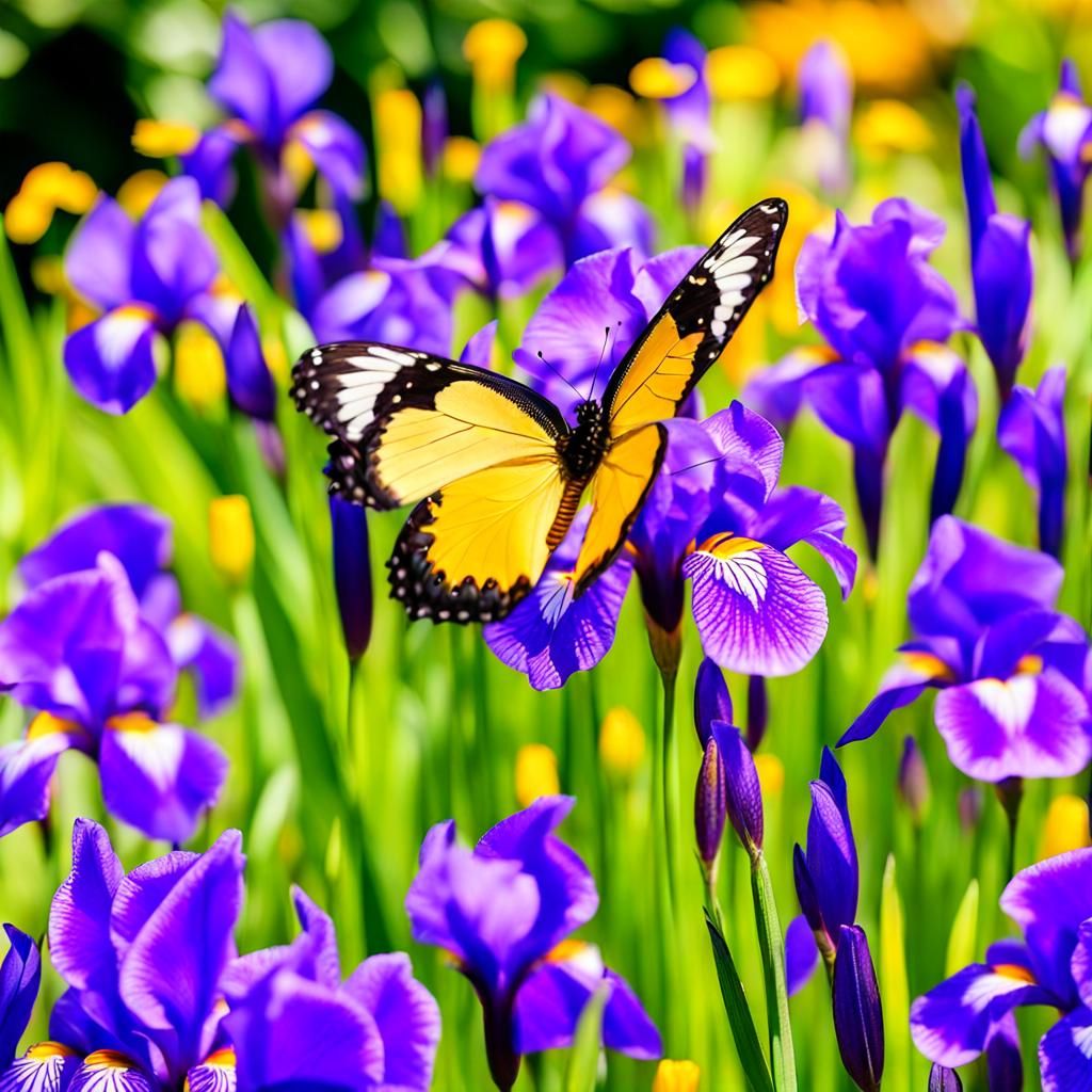 Butterfly on Iris in a Flower Garden