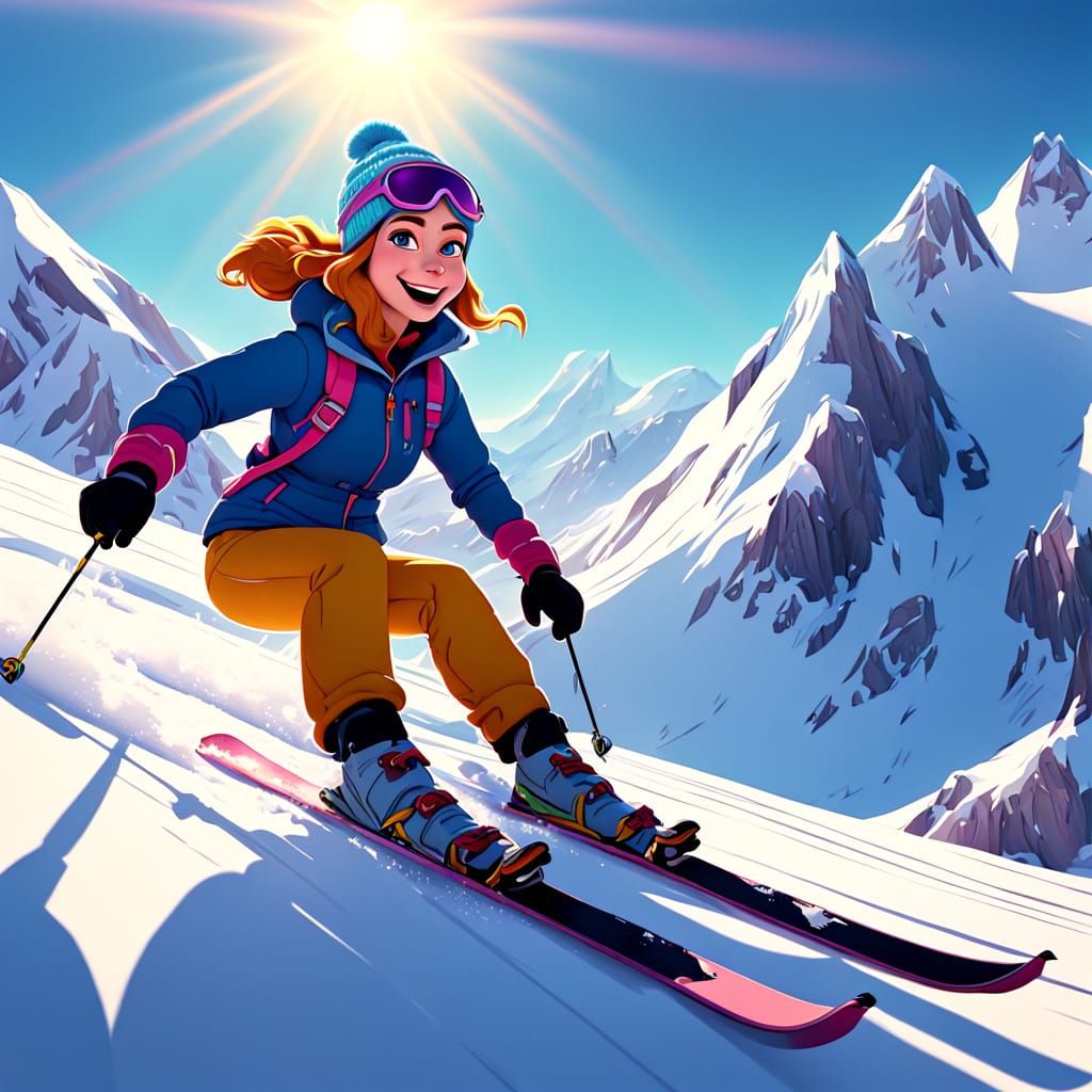 Disney Cartoon Ski Girl Glides Down Snowy Mountain