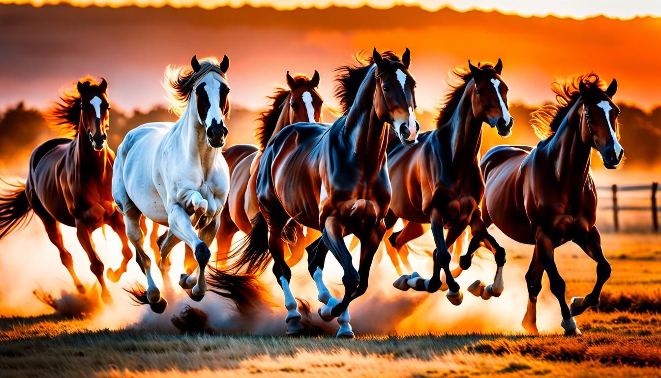 Galloping Glory: Seven Horses at Sunrise