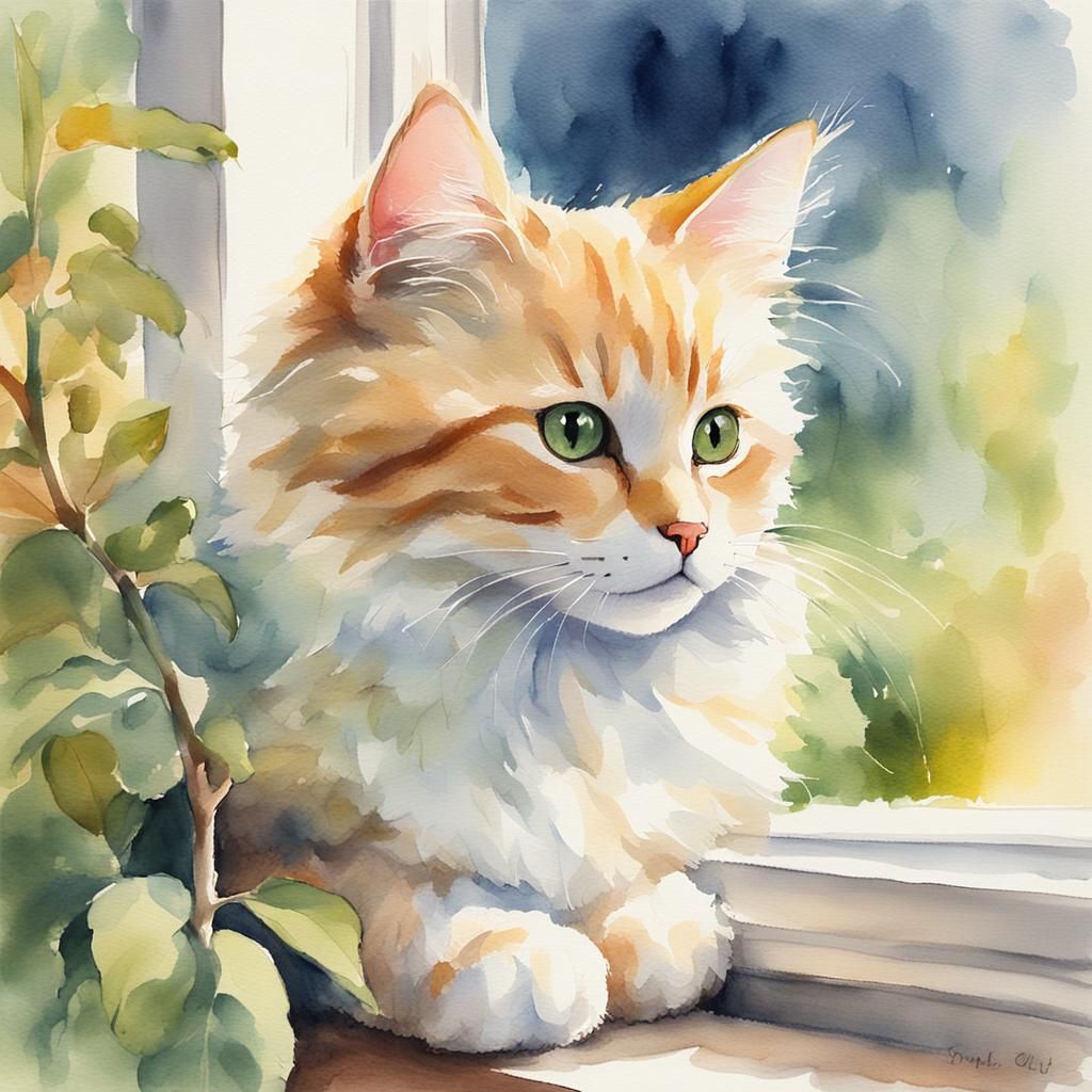Whimsical Watercolor Kitten Gazing at Garden