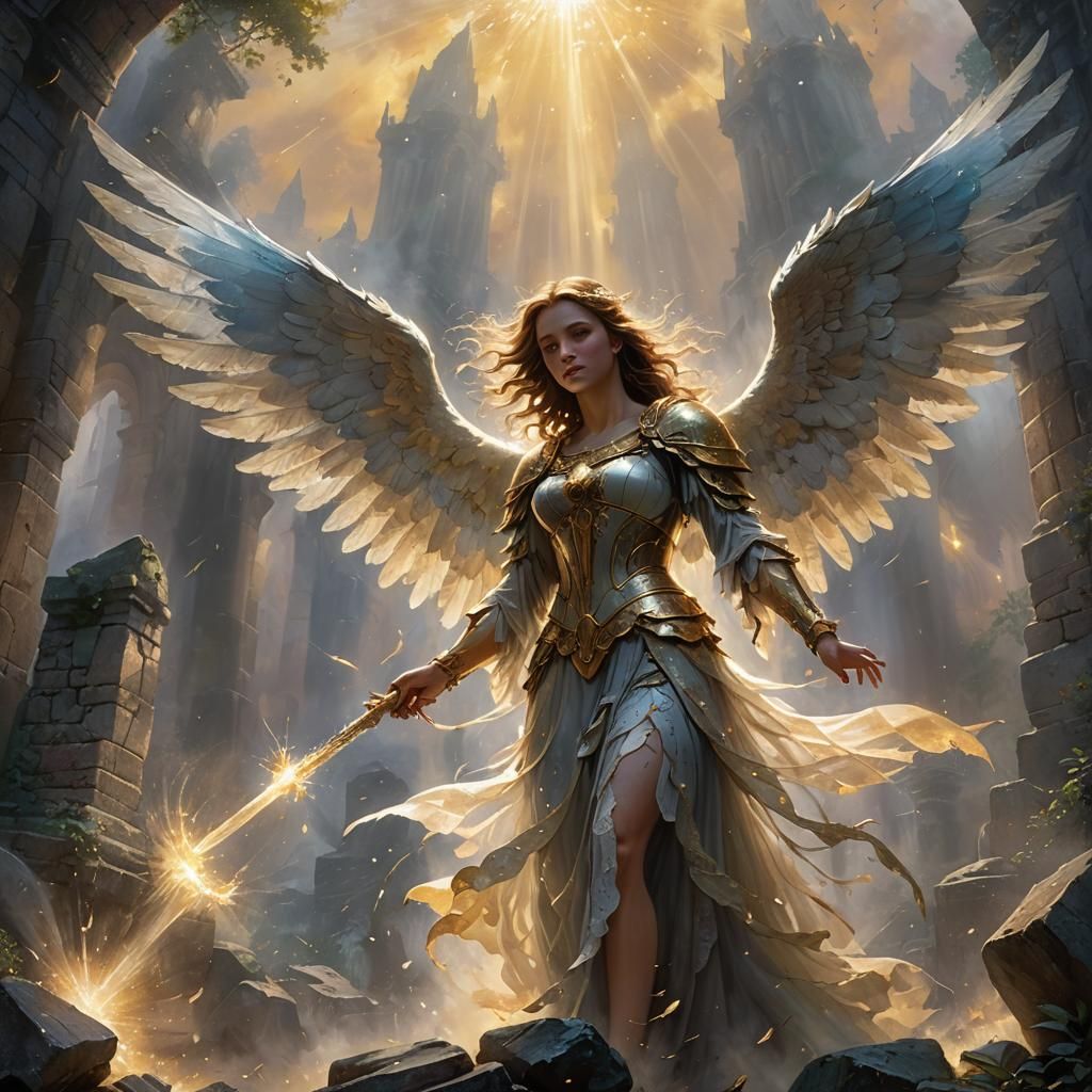 Angels Clash in Misty Ruins, Kinkade Style