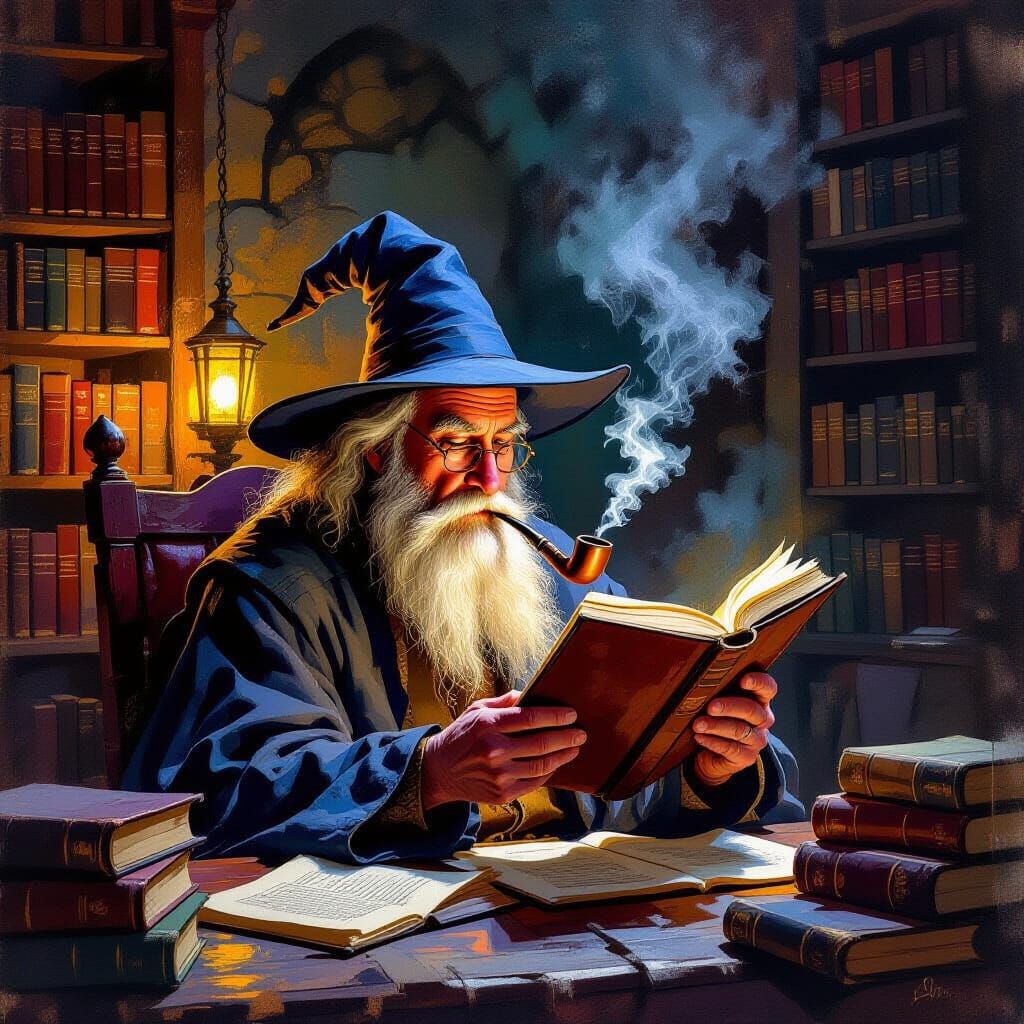 Wizard Reading in Library: Gouache and Watercolor