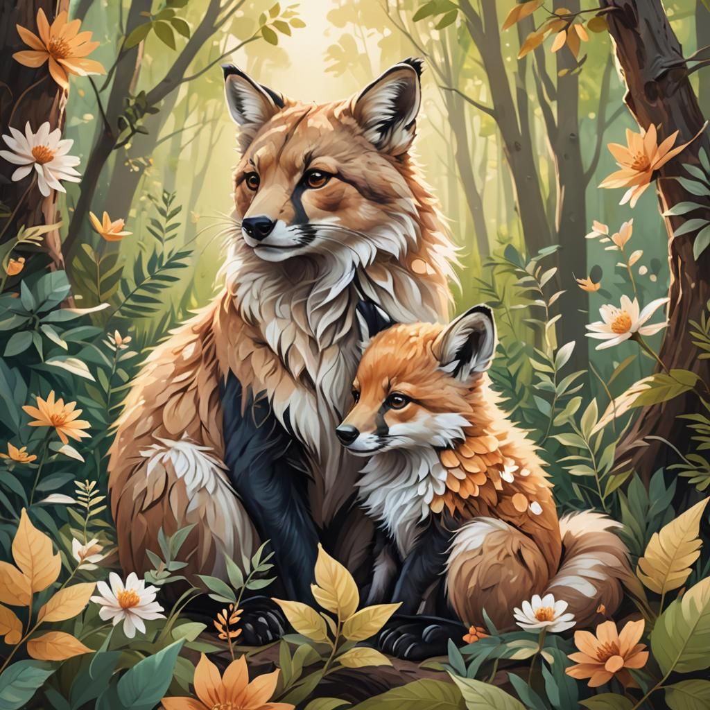 Heartwarming Wildlife: Mother and Baby in Whimsical Illustra...