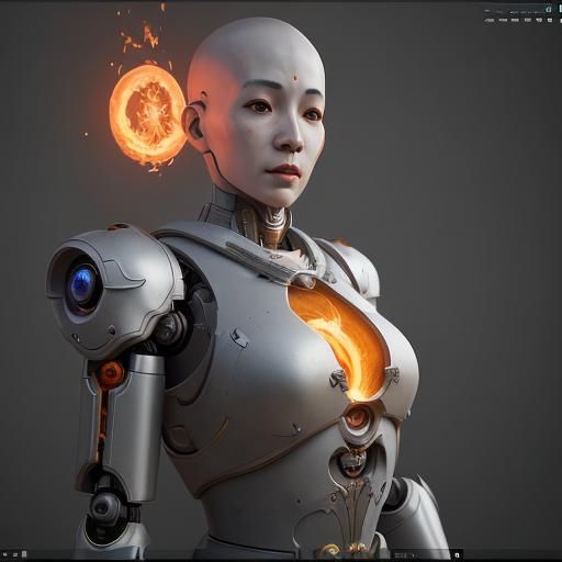 Robotic Monk's Fiery Migration in Fantasy World