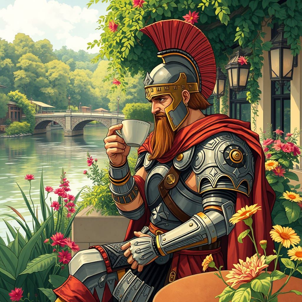 Roman Legionnaire Sipping Cappuccino in Lush Cafe Garden