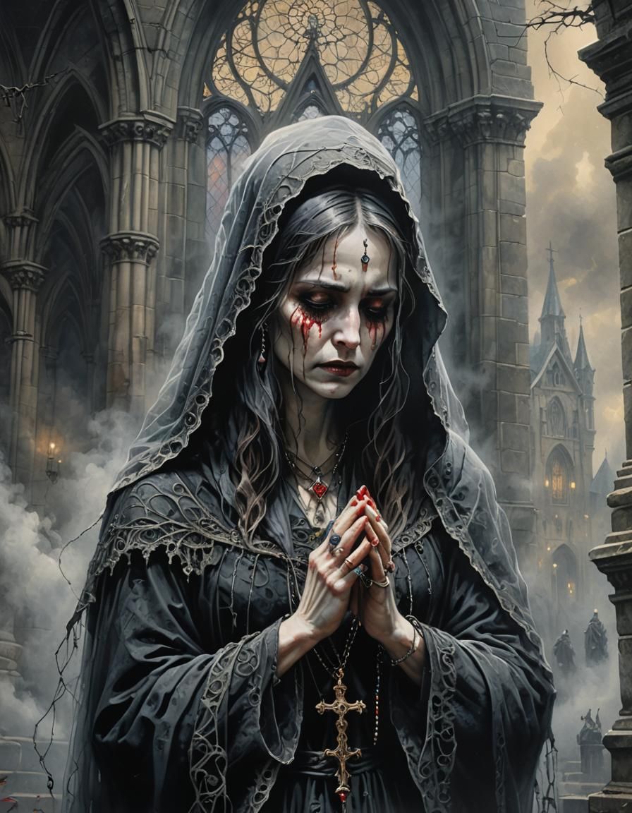 Gothic Horror: Veiled Woman in Ink Painting