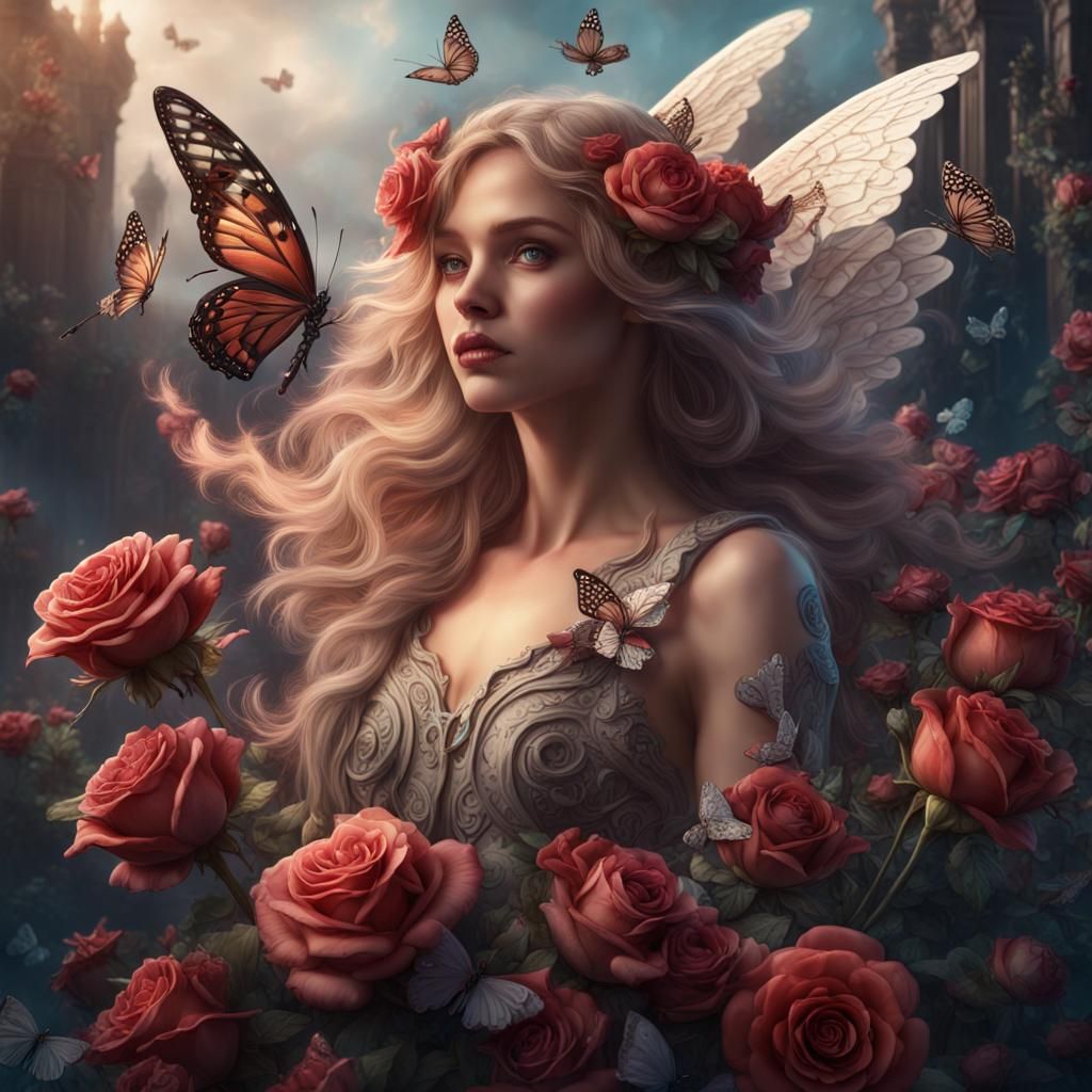 Angel Surrounded by Roses and Butterflies