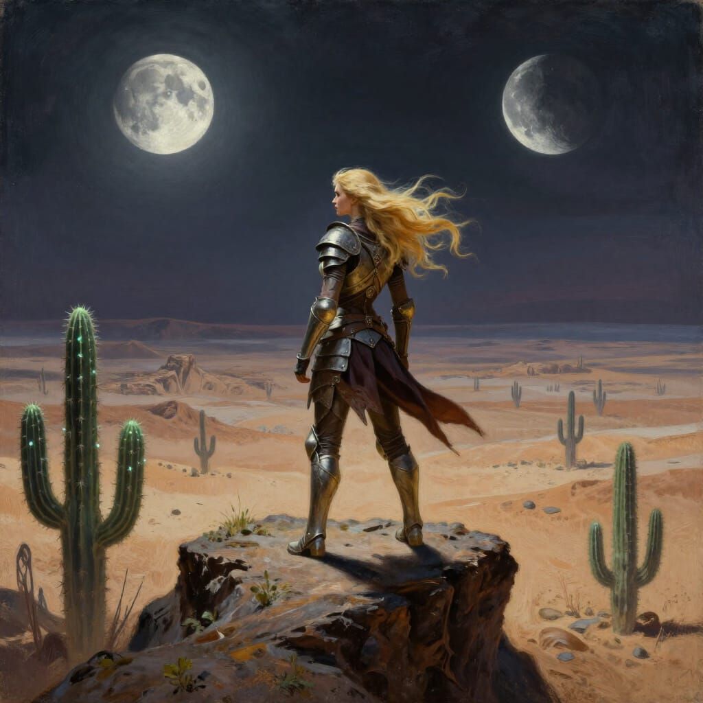 Warrior Woman on Alien Precipice Under Twin Moons