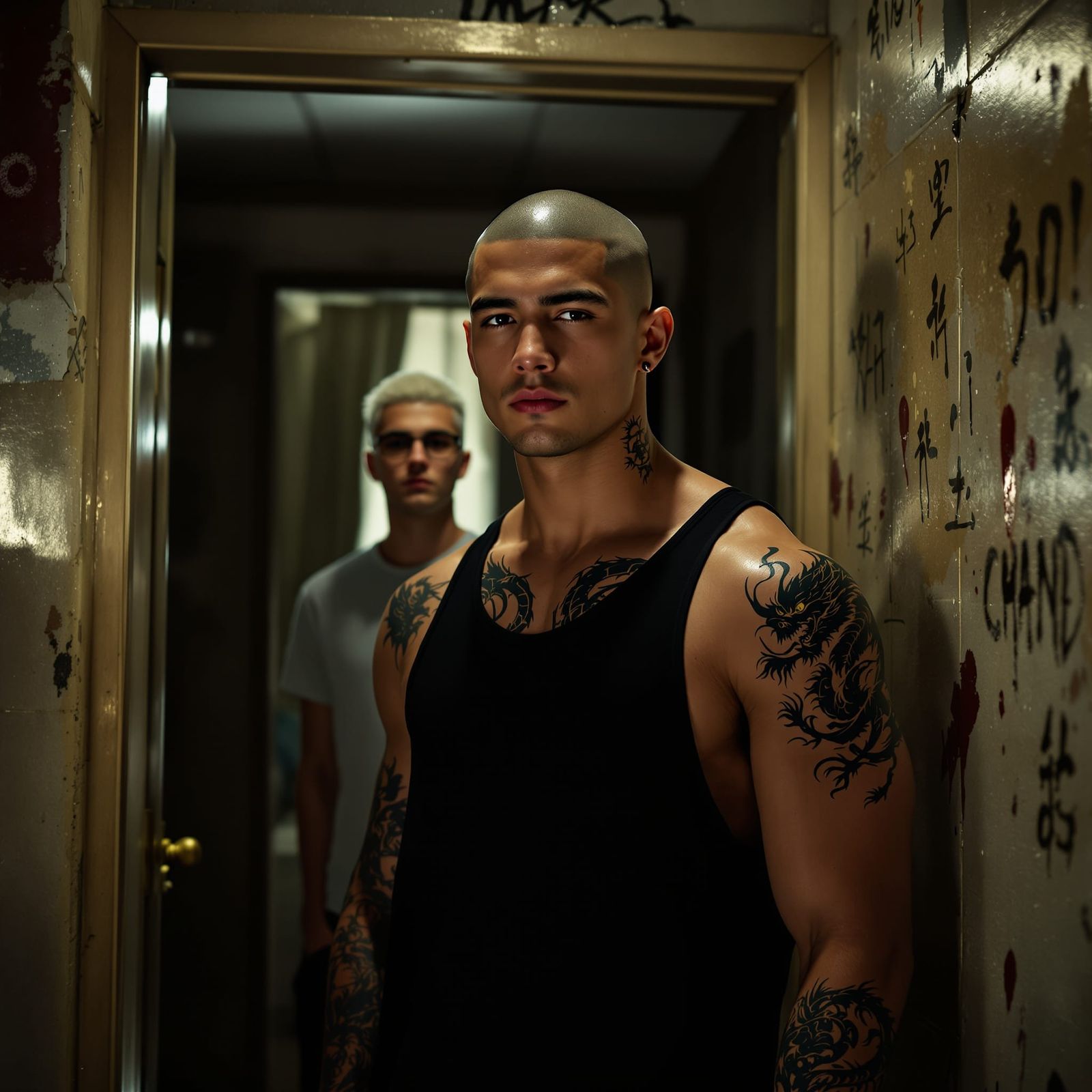 Asian Athlete in Doorway, Hyperrealistic Rendering