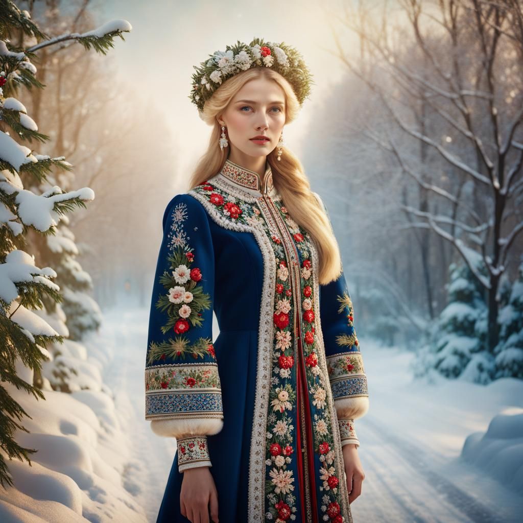 Blonde Model in Slavic Dress, Hyper-Realistic Portrait