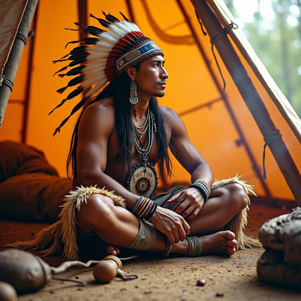 Native American Man in Tepee with Peace Pipe