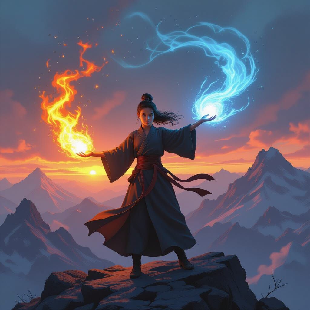 Magical Girl Conjures Elements on Mountain Peak