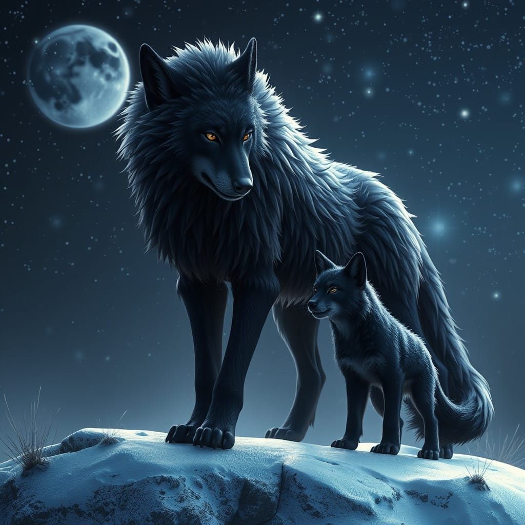 Majestic Celestial Wolf Mother with Cub