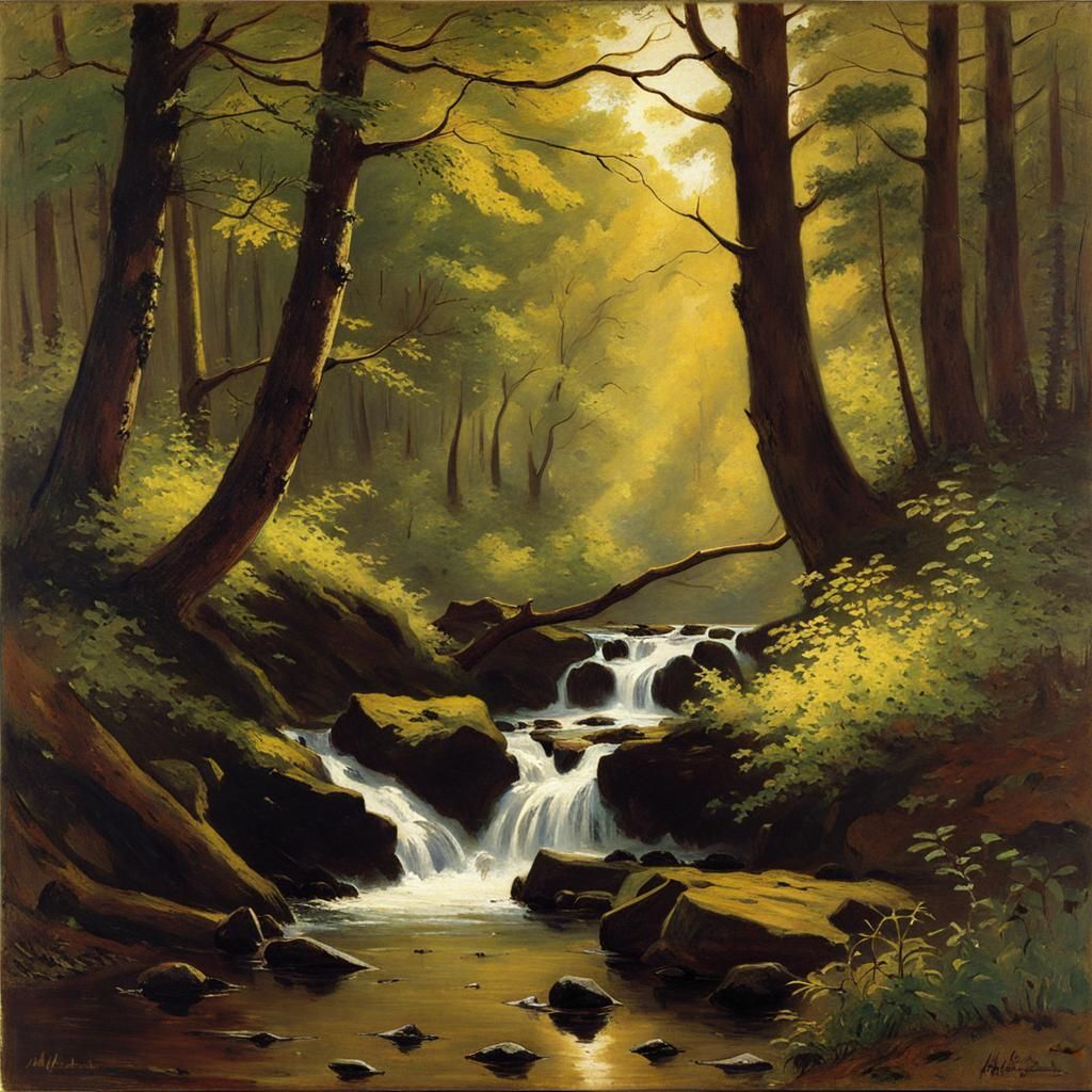Serene Brook in Woods: American Landscape Art