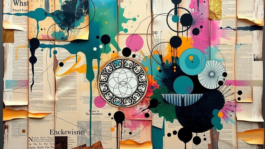 Surreal Dreamscape with Distressed Wood and Vintage Newspape...