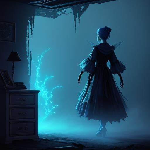 Mystical Blue Fairy in Haunted Dystopian Room