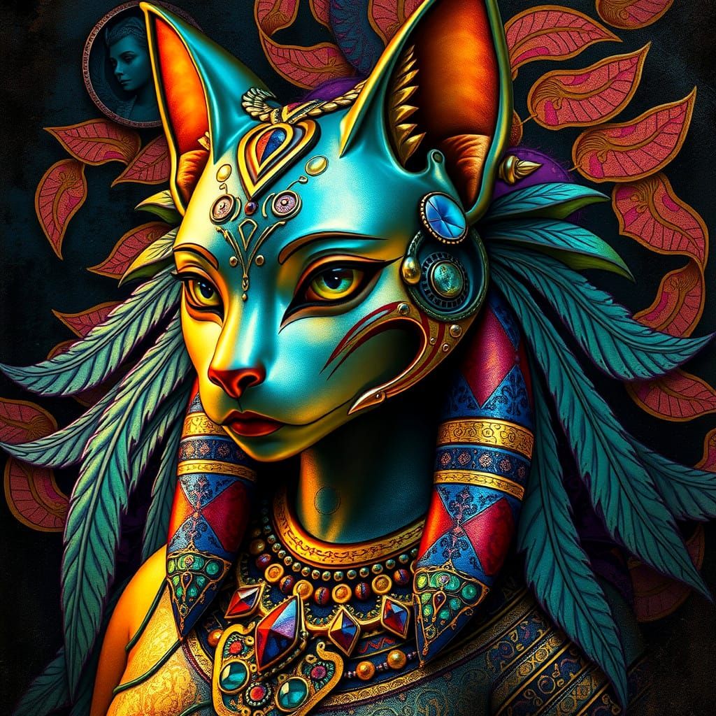 Iridescent Bastet Goddess in Art Nouveau Style