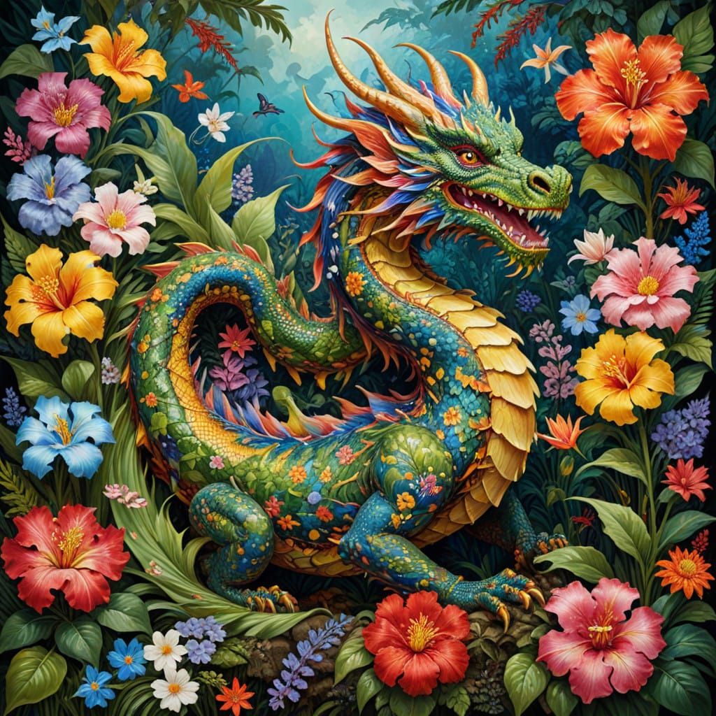 Vibrant Floral Dragon in Tropical Wilderness