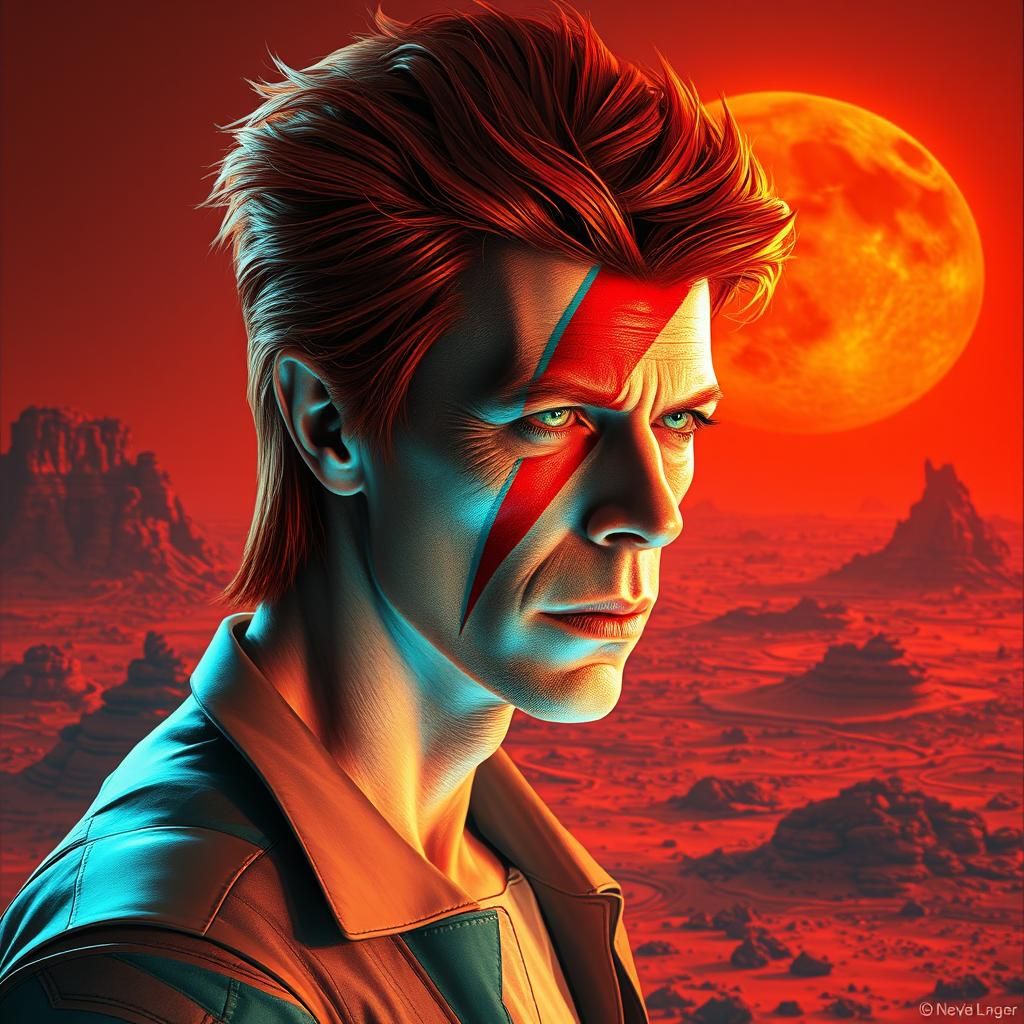 David Bowie Portrait on Mars in Cyberpunk Art Nouveau Style