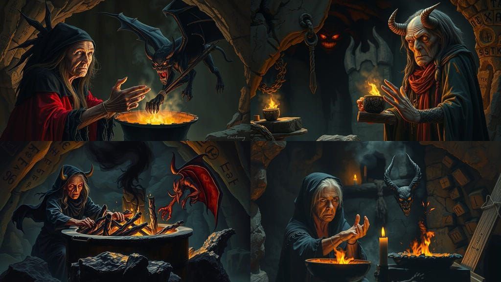 Haggard Witch Conjures Demon in Dim Cave