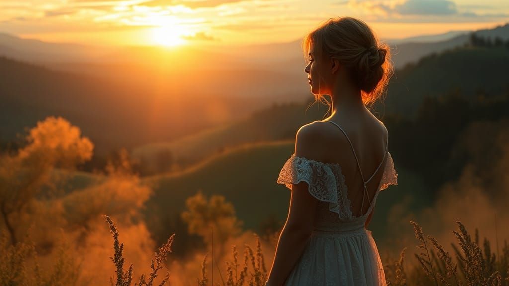 Ethereal Fantasy Sunset Landscape in Romantic Style