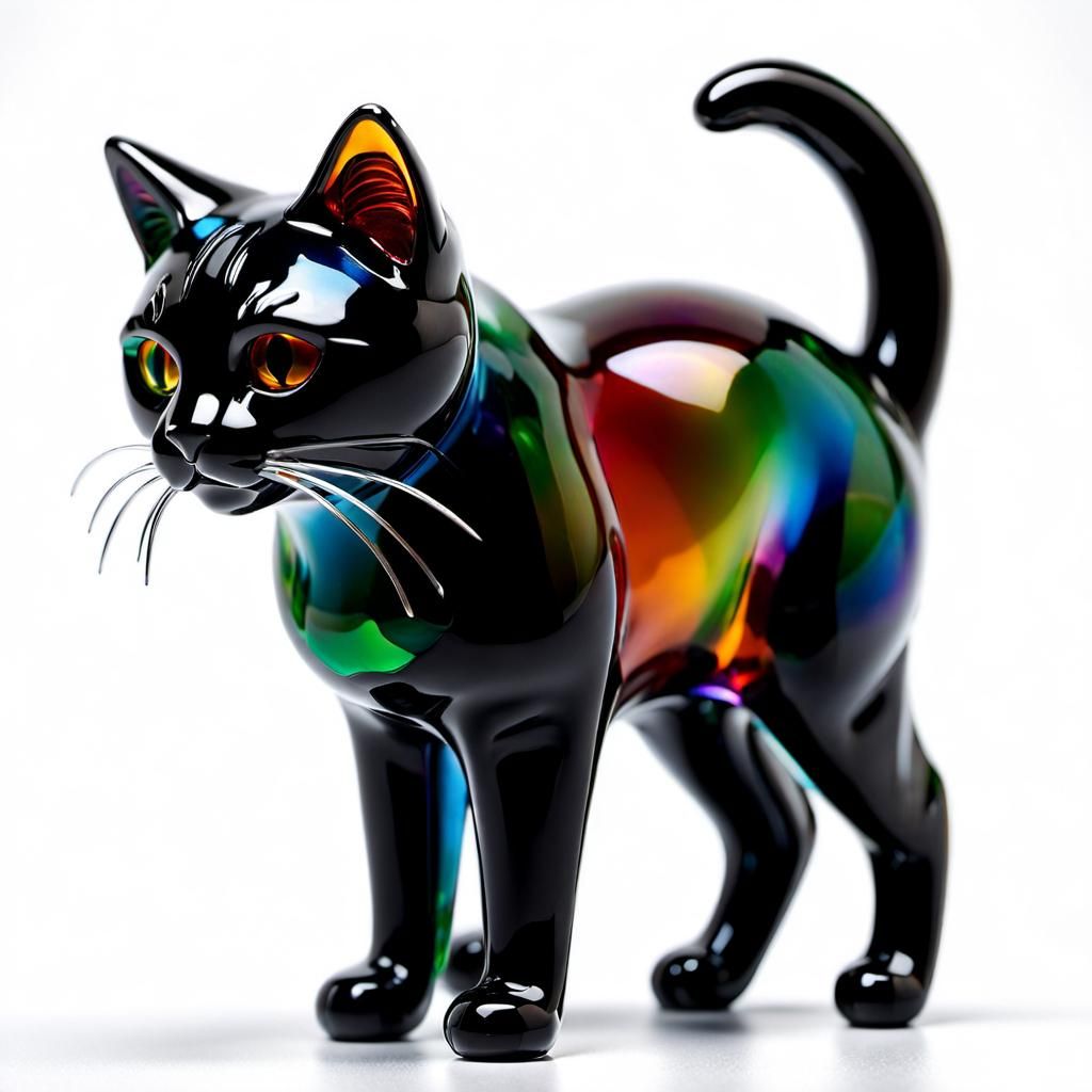 Transparent Glass Cat Figurine with Colorful Reflections