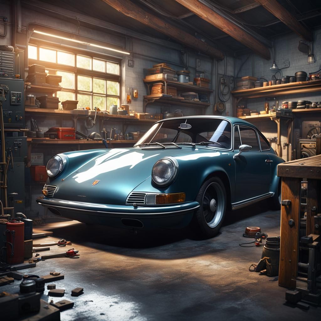 Porsche in Garage: Detailed Anime Matte Painting