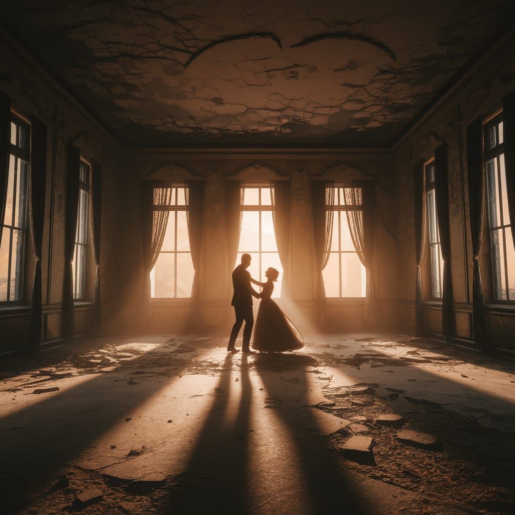 Silhouettes Dance in Ballroom Ruins at Sunset