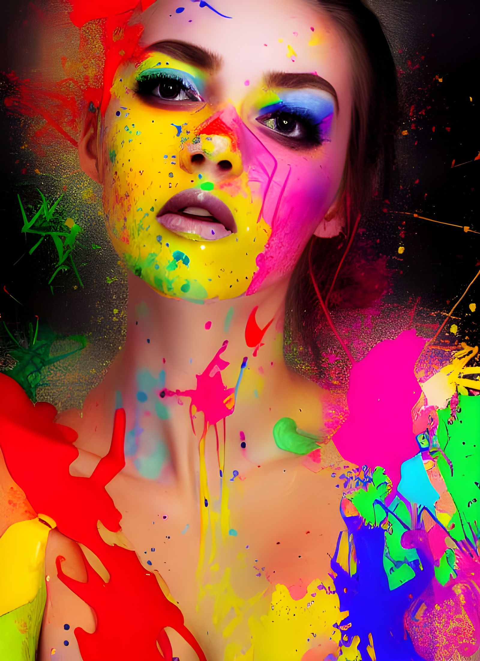 Colorful Paint Splatter on Bare Skin Woman