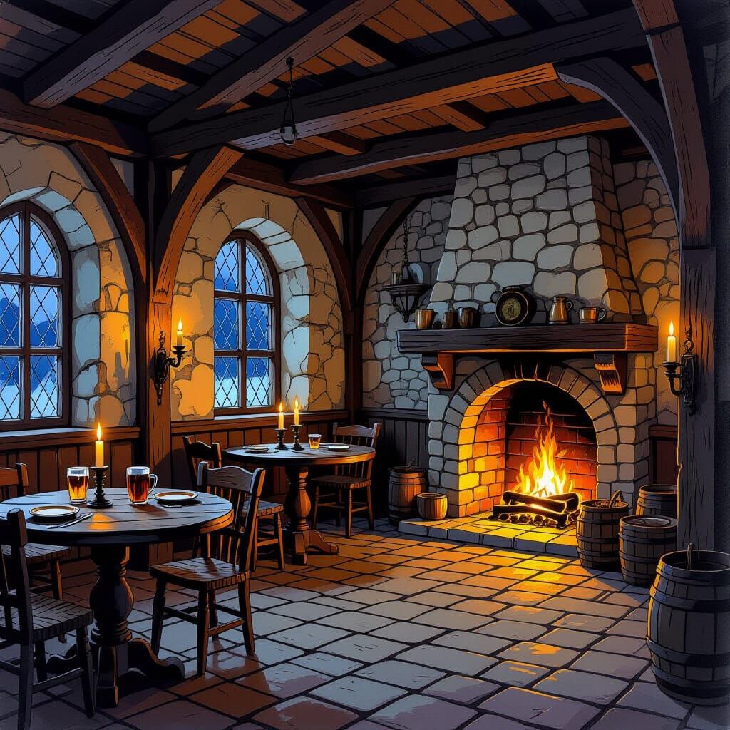 Cozy Medieval Tavern Interior at Night: 2D Ink Illustration
