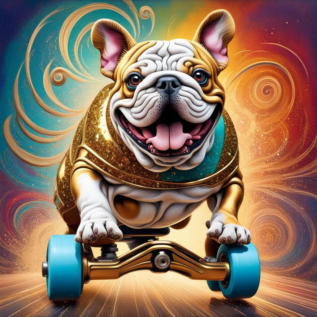 Kinetic Roller Skating Bulldog with Golden Glitter