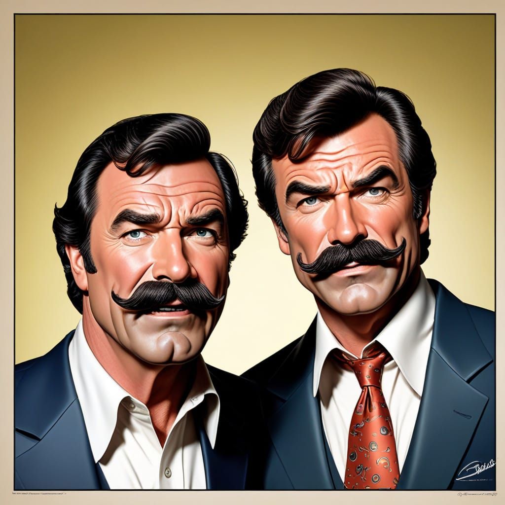 Selleck and Reynolds Mustache Showdown in Comic Style