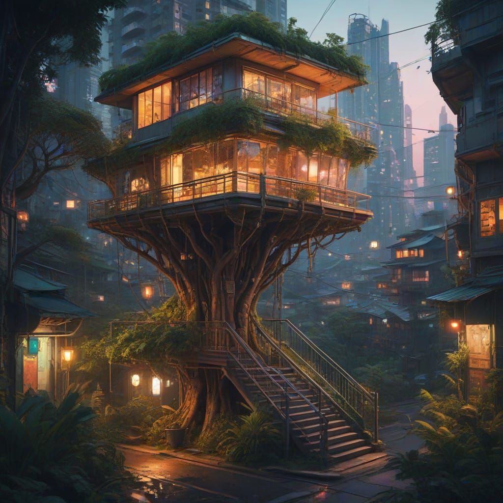 Surreal Solarpunk Community in Futuristic Cityscape