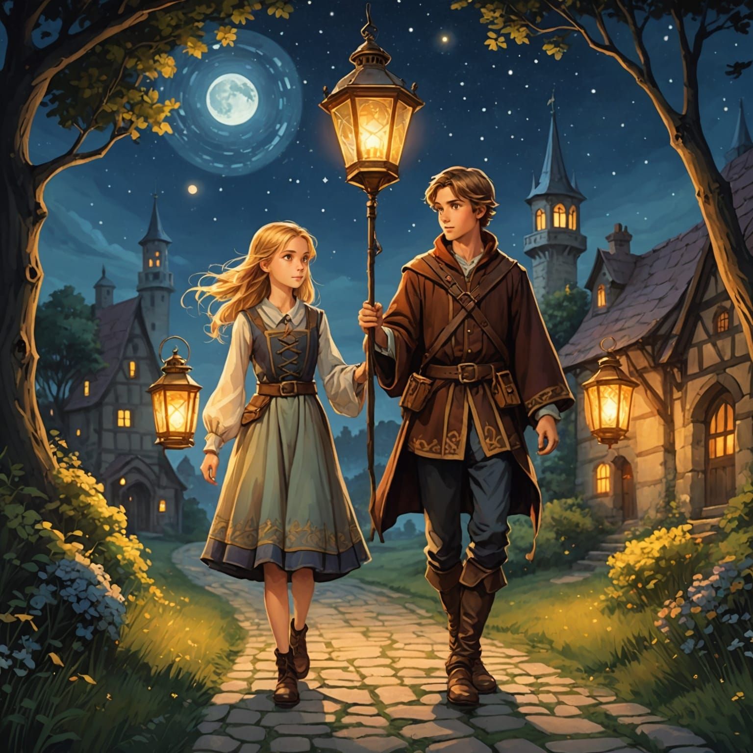 Anime Siblings Guided by Lantern Light