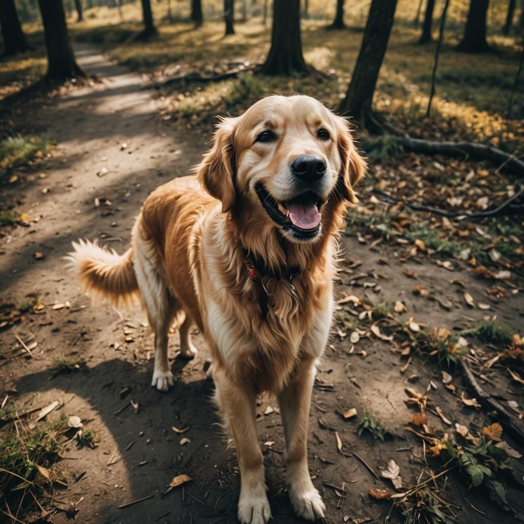 Happy Golden Retriever in Cinematic Film Style