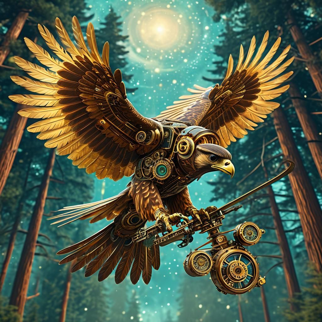 Steampunk Hawk Soaring Through Space With Village