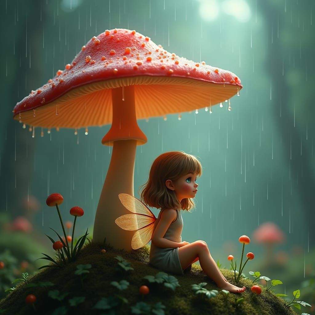 Fairy in Storm Under Mushroom, Fantasy Concept Art