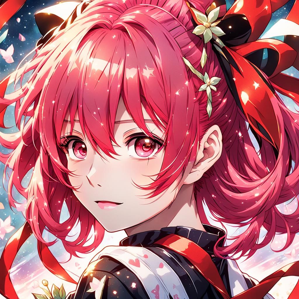 Lively Anime Girl with Pink Hair and Bouquet